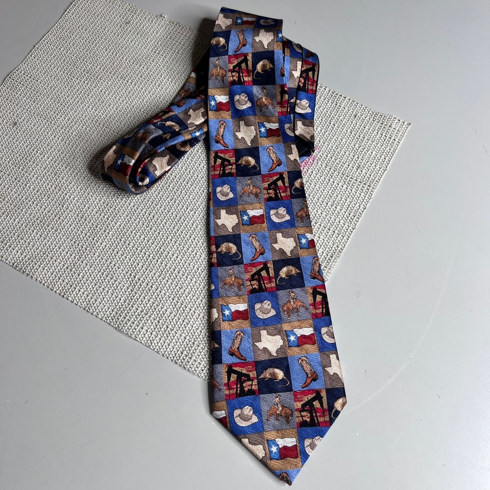 Puritan Mens Silk Tie Texas State Flag Cowboy Boots Western Novelty Blue Red